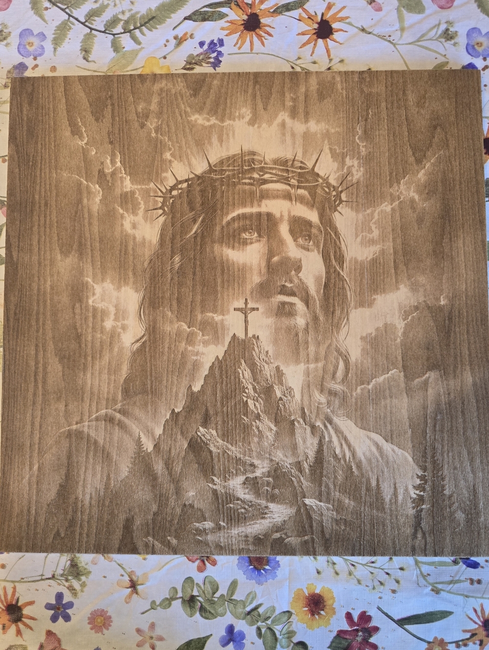 Religious Jesus Wood Wall Art in Brown 12x12,  Engraved